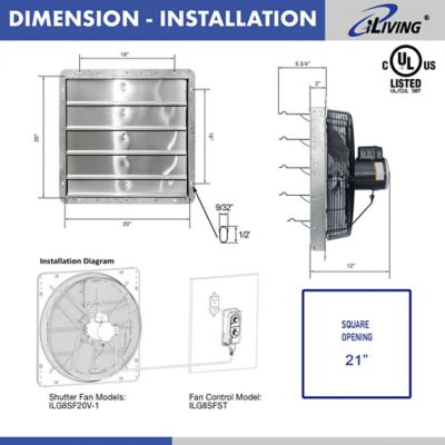 Image showing  20 in. Variable-Speed Wall Mounted Shutter Exhaust Fan, 3,000 CFM, Automatic Shutter, with Thermostat and Controller