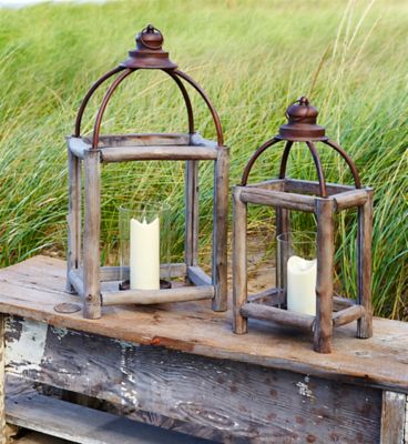 Melrose International Rustic Wood Log and Antique Metal Lantern with Glass Hurricane Set, 2 pc.