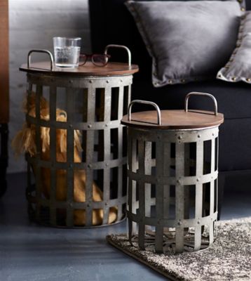 Melrose International Metal and Wood Side Basket Accent Tables, Set of 2