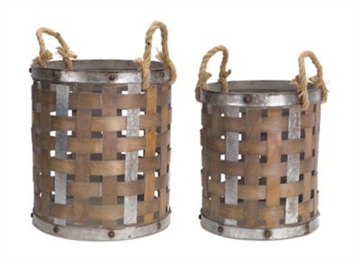 Melrose International Woven Wood Pail with Rope Handle (Set of 2)