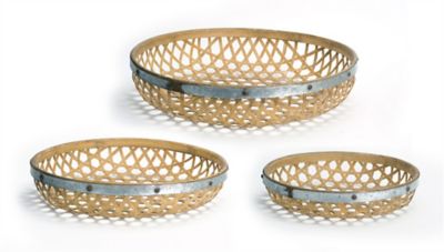 Melrose International Round Woven Bamboo Tray with Galvanized Metal Accent (Set of 3)