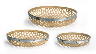 Image showing  Round Woven Bamboo Tray with Galvanized Metal Accent (Set of 3)