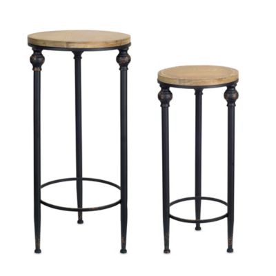 Melrose International Round Wood and Metal Plant Stand Table (Set of 2)