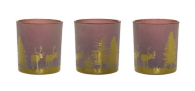 Melrose International Glass Tea Light Holder with Woodland Scene (Set of 3), 77597