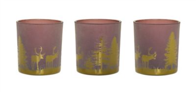 Melrose International Glass Tea Light Holder with Woodland Scene (Set of 3)