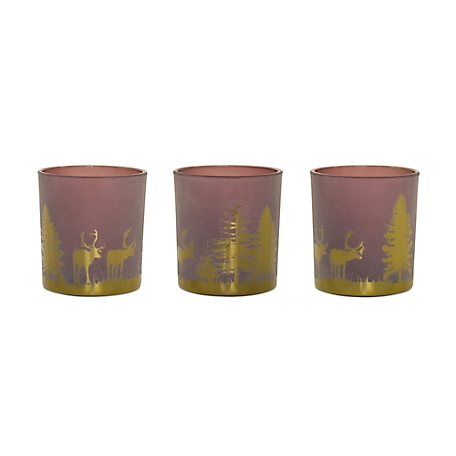 Melrose International Glass Tea Light Holder with Woodland Scene (Set of 3), 77597