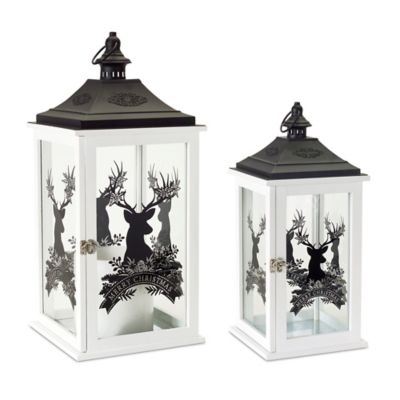 Melrose International Wood Merry Christmas Lantern with Deer Design Set, 2 pc.
