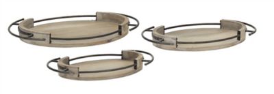 Melrose International Oval Wooden Tray with Metal Handle Accent (Set of 3)