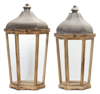 Melrose International Tapered Wooden Floor Lantern with Rustic Metal Lid (Set of 2), 78464DS