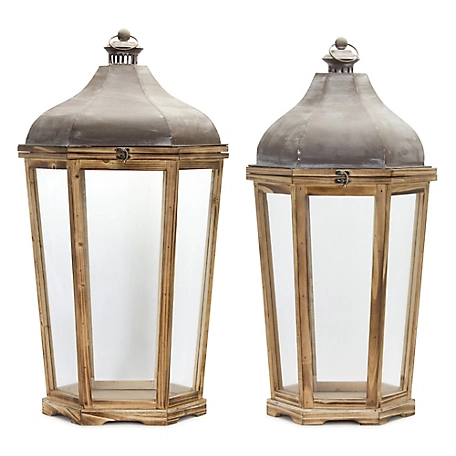 Melrose International Tapered Wooden Floor Lantern with Rustic Metal Lid (Set of 2), 78464DS