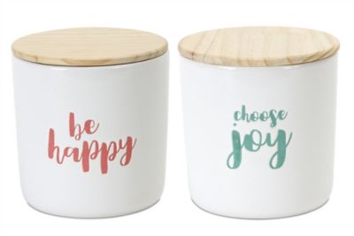 Melrose International Stoneware Happy Sentiment Canister with Wood Lid (Set of 2)