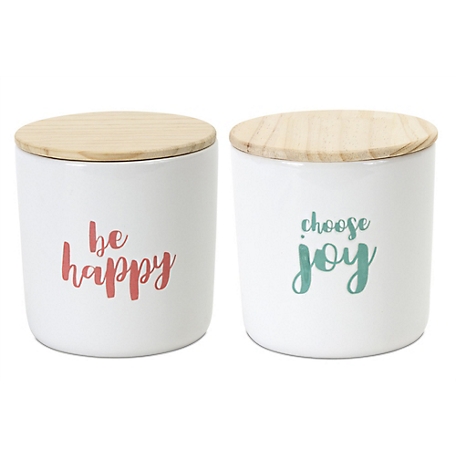 Melrose International Stoneware Happy Sentiment Canister with Wood Lid (Set of 2)