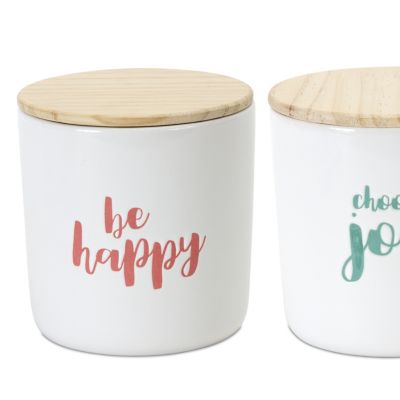 Image showing  Stoneware Happy Sentiment Canister with Wood Lid (Set of 2)