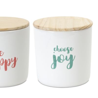 Image showing  Stoneware Happy Sentiment Canister with Wood Lid (Set of 2)