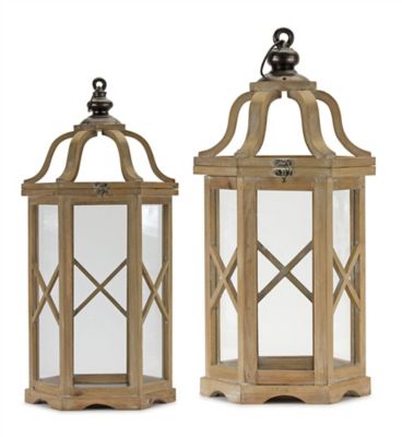 Melrose International Natural Wood Hexagon Lantern with Curved Top (Set of 2), 80501