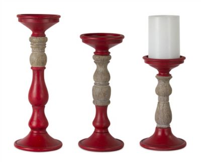 Melrose International Red Candle Holder with Wood Accent (Set of 3), 80858DS
