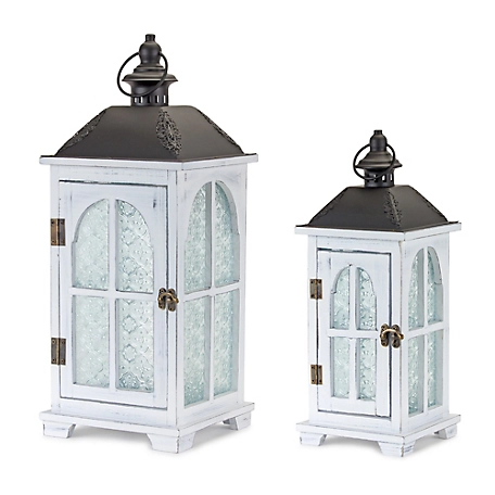 Melrose International Wood Lantern with Ornate Frosted Glass (Set of 2), 81583