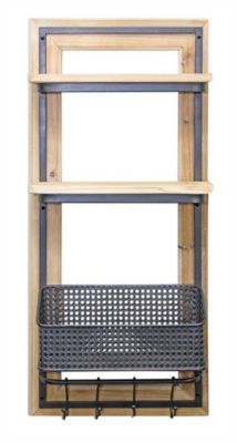 Melrose International Wooden Wall Shelf with Metal Basket Organizer and Hooks 37.75 in., 82068
