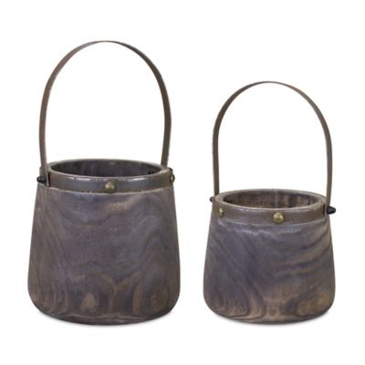 Melrose International 12 in. x 14 in. Dark Natural Wooden Pail Planter with Metal Handle Accent (Set of 2)