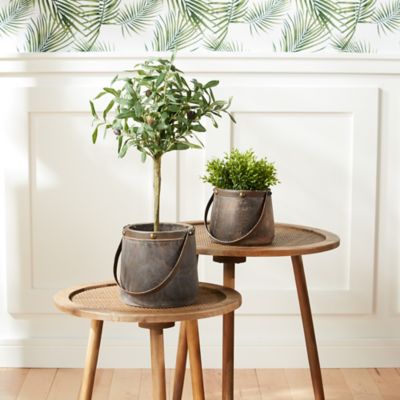 Image showing  12 x 14in. Dark Natural Wooden Pail Planter with Metal Handle Accent, 2 pk.