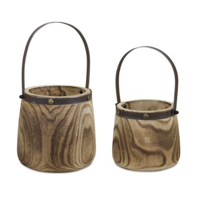 Melrose International 12 in. x 14 in. Light Natural Wooden Pail Planter with Metal Handle Accent (Set of 2)