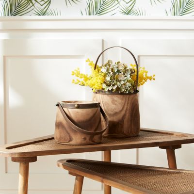 Image showing  12 x 14in. Light Natural Wooden Pail Planter with Metal Handle Accent, 2 pk.