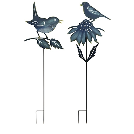 Melrose International Iron Metal Cut Out Bird and Flower Garden Stake (Set of 2)