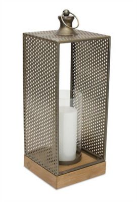 Melrose International Punched Metal Candle Holder with Wooden Base, 82412DS