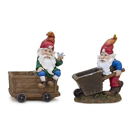 Melrose International Garden Gnome Figurine with Wagon and Wheelbarrow (Set of 2), 82515