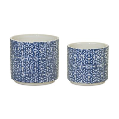 Melrose International Ornamental Blue and White Ceramic Pot (Set of 2), 4 in. x 4.5 in. x 4 in.