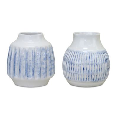 Melrose International Ribber Ceramic Vase with Washed Blue Finish (Set of 2)