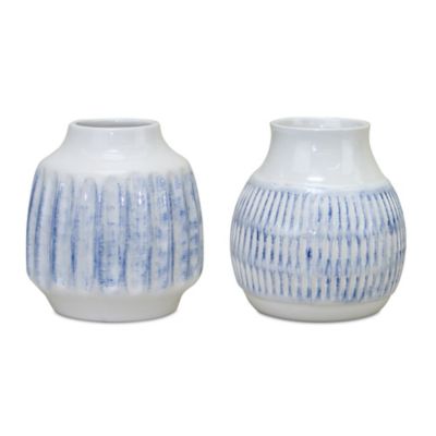 Melrose International Ribber Ceramic Vase with Washed Blue Finish (Set of 2), 82563