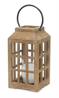 Melrose International 6 in.x 17 in. Natural Wooden Lantern with Glass Hurricane, 82650