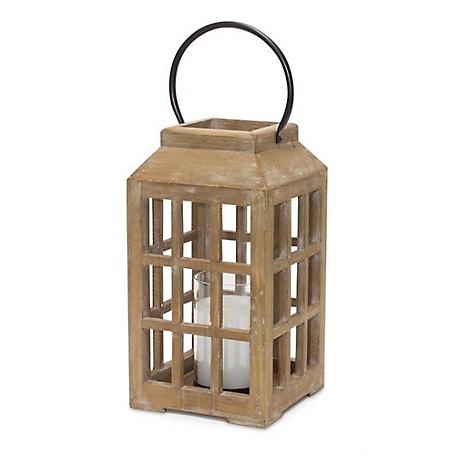 Melrose International 6 in.x 17 in. Natural Wooden Lantern with Glass Hurricane, 82650