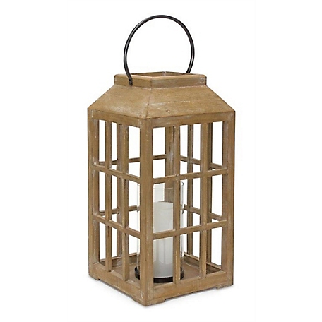 Melrose International 8.7 in. x 22 in. Natural Wooden Lantern with Glass Hurricane, 82651DS