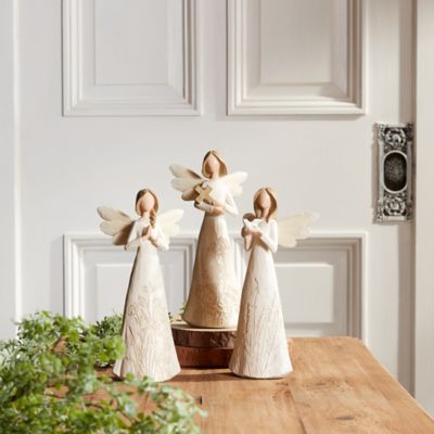 Image showing  8 in. Beige Floral Etched Angel Figurine (Set of 3)