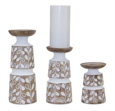 Melrose International Leaf Pattern Candle Holder with Wood Design (Set of 3), 82827