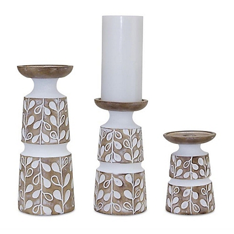 Melrose International Leaf Pattern Candle Holder with Wood Design (Set of 3), 82827