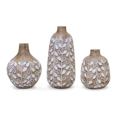 Melrose International Leaf Print Vase with Wood Design (Set of 3)