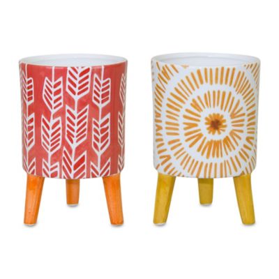 Melrose International Patterned Ceramic Pot with Legs (Set of 2)