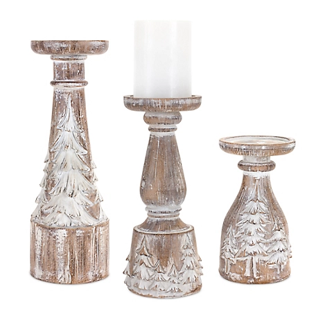 Melrose International White Washed Carved Pine Tree Design Candle Holder (Set of 3), 83633