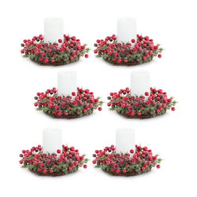 Melrose International 10 in. Frosted Winter Berry Pine Candle Ring with Grapevine Base (Set of 6), 84512