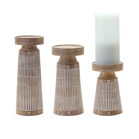 Melrose International Etched Wood Design Candle Holder (Set of 3), 85010