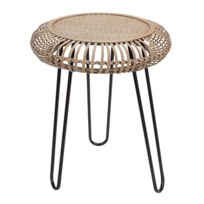 Melrose International Rattan Wood Tripod Stool Table with Metal Legs