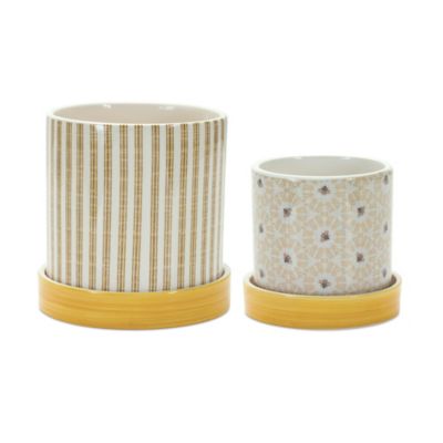 Melrose International Stone Bumble Bee Striped Planter with Plate (Set of 2)