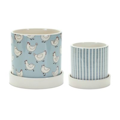 Melrose International Chicken Pattern Planter with Plate (Set of 2)