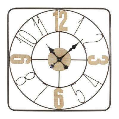 Melrose International Modern Metal Frame Wall Clock with Natural Wood Accents