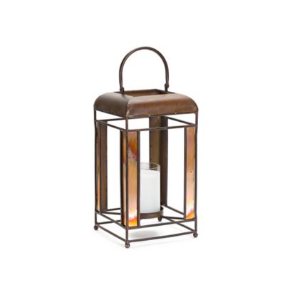 Melrose International Brozne Metal Candle Holder with Amber Glass Panes and Hurricane, 7 in. x 13 in.