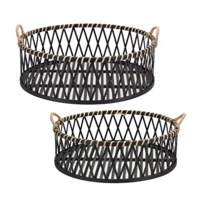 Melrose International Round Woven Bamboo Trays with Rattan Handle Accent (Set of 2)