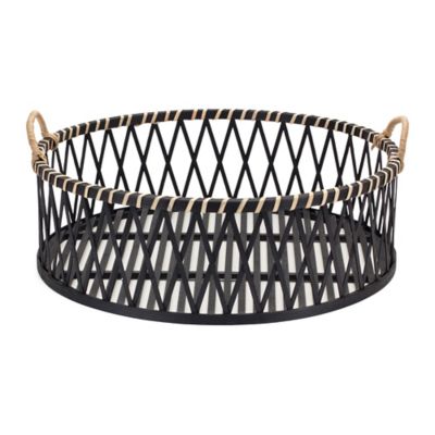 Image showing  Round Woven Bamboo Trays with Rattan Handle Accent (Set of 2)